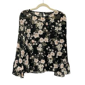 New Look Sheer Floral Bell Sleeve Blouse Size 10